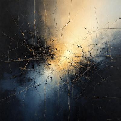 The primary subject of the image is a painting featuring a blue background with a yellow and gold color scheme. The painting is a close-up of a cluster of yellow and gold lines, creating a visually striking and intricate pattern. The setting appears to be a dark background, which contrasts with the bright colors of the painting. The visual style of the painting suggests that it is a digital art or illustration, showcasing the artist's skill in creating a complex and detailed design. The overall atmosphere of the painting is one of beauty and creativity, with the vibrant colors and intricate patterns capturing the viewer's attention.